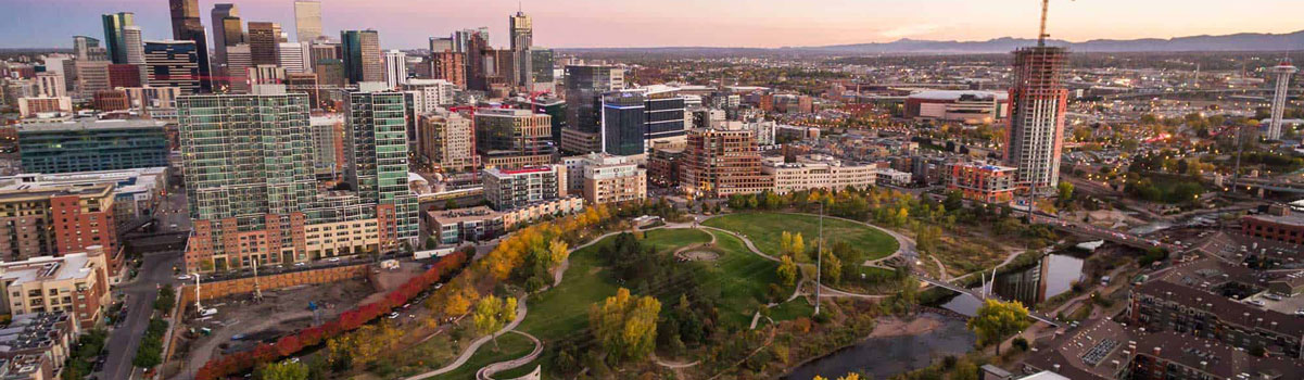 aerial view of downtown area showing Riverfront Park Bergan & Company Property Management Denver, Centennial, Colorado