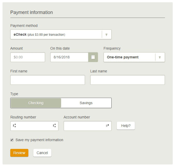 screenshot of the payment information